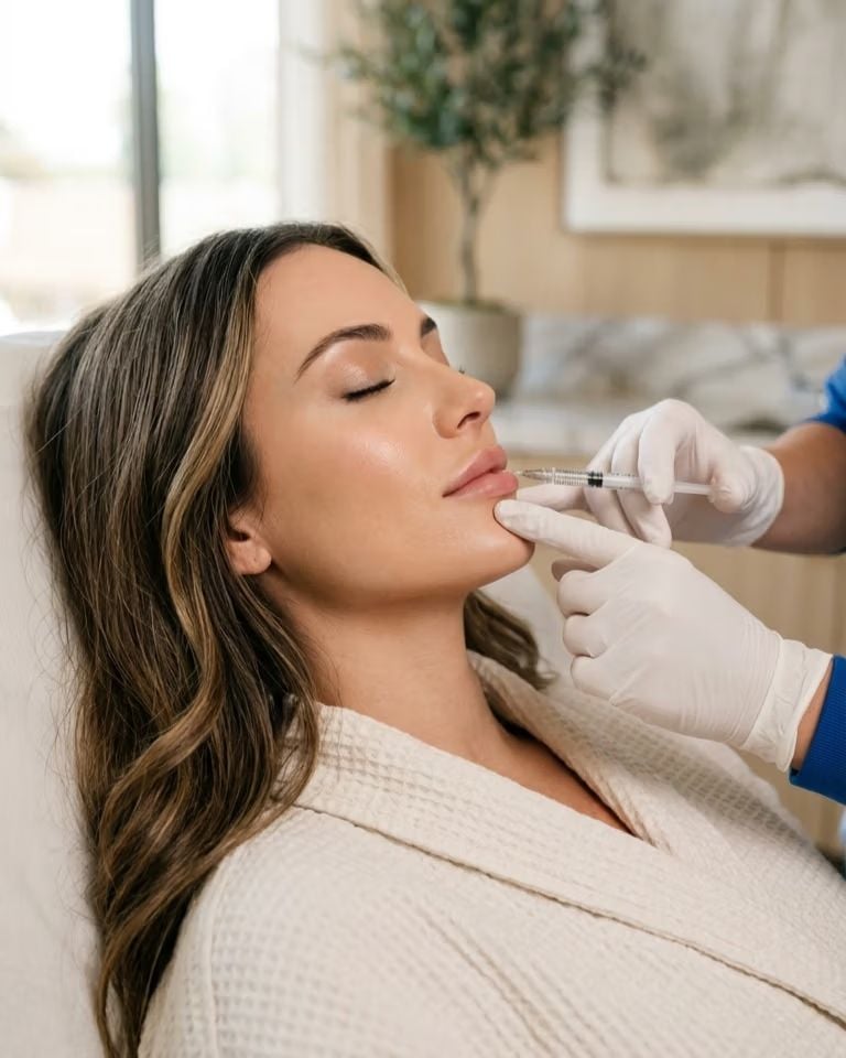 Woman receiving lip filler treatment with a syringe at a clinic.